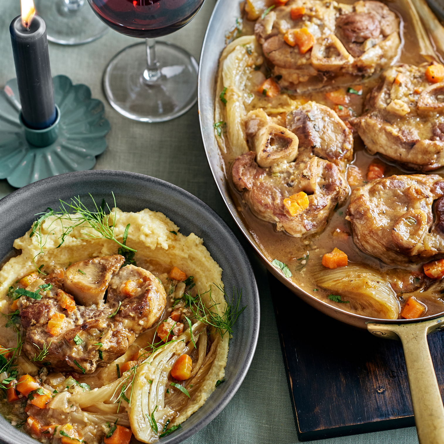 Osso buco de porc à la bière et aux agrumes, polenta minute au fromage